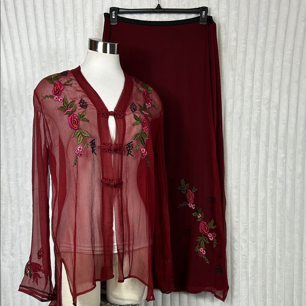 Vintage  Carole Little red sheer silk Asian floral bead embroidered skirt set 10